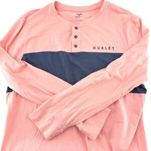 Hurley Mens M 100% Cotton Long Raglan Sleeve Henley Neck Shirt Multi Logo Casual